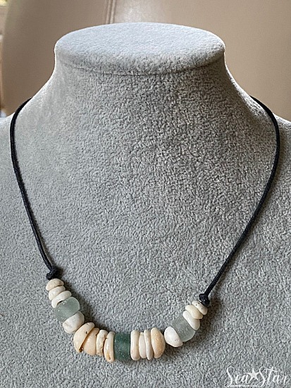 Ocean Tumbled Puka Shell and Glass Bead Necklace  (#0535)